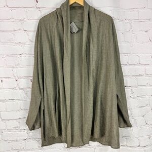 Jaeger Sweater Women Green Open Front Cardigan Floral Shrug Layer Side Split Hem